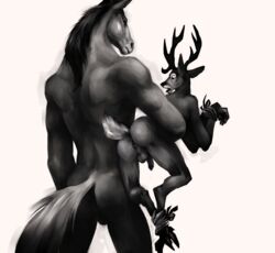 2014 anthro antlers anus ass backsack balls bound carrying cervine cloven_hooves deer duo equine hooves horn horse klongi looking_down male male_only mammal monochrome muscles nude penis rear_view rope shocked size_difference tragelaphus rating:Explicit score:4 user:bot