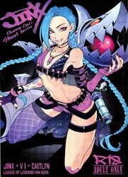 1girls blue_hair boots colored doujin_cover english_text eyeliner female female_only gloves hirame jewelry jinx_(league_of_legends) league_of_legends lipstick looking_at_viewer makeup navel necklace partially_clothed punk shoes shorts smile solo stockings tattoos text tied_hair twin_braids twintails rating:Safe score:87 user:xxxClassiest