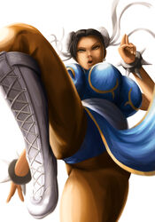 black_hair boots bracelet breasts brown_eyes brown_hair bun_cover cameltoe capcom chinese_clothes chun-li clothed double_bun earrings female female_only from_below fully_clothed human large_breasts leg_lift looking_down open_mouth pantyhose pose sash simple_background solo spiked_bracelet street_fighter svoidist video_games rating:Questionable score:25 user:orbitjewel