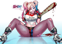 1girls baseball_bat bat_(object) batman_(series) belt blonde_hair blood blue_eyes boots breasts busty choker clown_makeup darkereve dc_comics dc_extended_universe eyeliner eyeshadow facepaint female female_only finger_to_mouth fingerless_gloves fishnet fishnet_pantyhose gloves grin harley_quinn high_heels highres large_breasts lipstick makeup navel pantyhose shorts sitting smile solo spiked_bracelet spread_legs suicide_squad tattoo tied_hair torn_clothes twintails voluptuous wink rating:Questionable score:198 user:chooped