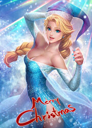 blonde_hair blue_eyes blue_nails braid breasts christmas cleavage disney dress earrings elsa_(frozen) female female_only frozen_(film) hat human large_breasts long_hair nail_polish neoartcore open_mouth painted_nails santa_hat single_braid smile solo standing rating:Safe score:150 user:chooped