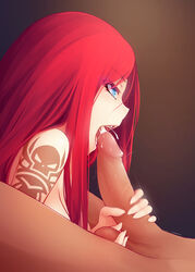 blue_eyes breasts caressing_testicles cock_worship cum cum_in_mouth ejaculation fellatio female handjob highres kerasu large_breasts league_of_legends long_hair open_mouth oral penis pentakill_series pentakill_sona red_hair ricegnat riot_games solo_focus sona_buvelle straight tattoo trembling twintails uncensored rating:Explicit score:398 user:BlackRockShooter