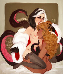 101_dalmatians 2girls ass black_bra blonde_hair blue_eyes bra breast_suck breast_sucking breasts closed_eyes clothing coat crossover cruella_de_vil dark_skin disney disney_villains ehryel female fur_coat gloves head_hold long_hair multiple_girls navel nipples once_upon_a_time_(tv_series) open_mouth short_hair sitting spread_legs stockings tentacle the_little_mermaid thighhighs two_tone_hair ursula yuri rating:Explicit score:137 user:chooped