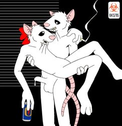 1990s 1995 20th_century alcohol alice_(biohazard) anthro balls beer beverage biohazard_(artist) biohazard_symbol black_background black_eyes bob_(biohazard) bow can carrying cigarette dripping duo erection eye_contact female flat_chested fur hair_tuft inside male mammal open_mouth penis plain_background precum rat rodent smoking standing whiskers white_fur rating:Explicit score:2 user:bot