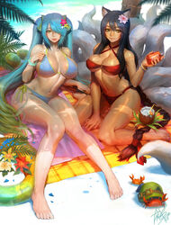 2girls ahri ass barefoot bathing_suit big_ass bikini blue_hair bra breasts feet fur furry_tail green_eyes humanoid kemonomimi large_breasts league_of_legends multi_tail multiple_tails panties sona_buvelle swimsuit taemin_park tail vastaya rating:Safe score:156 user:usernam