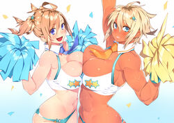 2girls abs blonde_hair blue_eyes blush breast_press breasts cheerleader cleavage dark-skinned_female dark_skin female hair_ornament large_breasts muscular_female navel open_mouth original sela_(sela_god) sela_god short_hair smile standing sweat symmetrical_docking tank_top tie tied_hair twintails ursula_(sela_god) rating:Questionable score:119 user:chooped