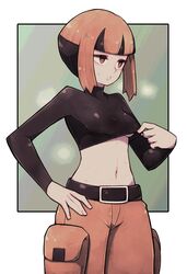 1girls belly belt black_hair black_shirt breasts brown_eyes clothed clothes clothing female female_only gardenia_(pokemon) grey_background gym_leader half-closed_eyes hand_on_hips heavy_breathing human human_only lamb-oic029 looking_away midriff navel nintendo orange_hair pants pokemon pokemon_dppt shirt shirt_lift short_hair skin_tight small_breasts solo source_request sweat underboob white_border rating:Questionable score:192 user:deleted103795