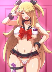 1girls abs alternate_breast_size alternate_costume alternate_hairstyle alternate_outfit anime_style belly big_breasts black_nails blonde blonde_female blonde_hair blonde_hair_female blush breasts cintia_(pokémon) condom condom_packet condom_packet_strip cowboy_shot cynthia_(pokemon) eye_contact game_freak gyaru hair_over_one_eye half-closed_eyes harlot human human_only impossible_clothes konno_tohiro large_breasts lingerie long_hair looking_at_viewer microskirt miniskirt nail_polish navel nintendo no_bra pacifier panties pink_background pokémon pokeharlot pokemon pokemon_champion pokemon_dppt pose revealing_clothes ribbon ribbons shirt skirt solo source_request standing stomach strap sweat sweatdrop tank_top thick_thighs thigh_gap thin_waist underboob underwear very_long_hair white_panties wide_hips rating:Questionable score:330 user:Adam666