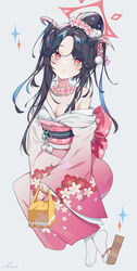  absurdres bare_shoulders black_hair blue_archive blush breasts cleavage closed_mouth female floral_print full_body fuuka_(blue_archive) fuuka_(new_year)_(blue_archive) grey_background hair_bun halo highres horns japanese_clothes kimono kinchaku long_hair long_sleeves looking_at_viewer new_year obi off_shoulder official_alternate_costume okobo p1up1u parted_bangs pink_kimono pouch red_eyes sandals sash signature simple_background small_breasts socks solo tabi white_socks wide_sleeves  rating:safe score: user:bot