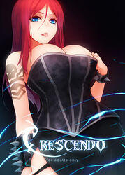 1girls bare_shoulders blue_eyes breasts cleavage cover cover_page female female_only highres kerasu large_breasts league_of_legends long_hair looking_at_viewer pentakill_series pentakill_sona red_hair ricegnat smile solo sona_buvelle spikes tattoo tongue tongue_out rating:Safe score:206 user:BlackRockShooter