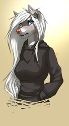  alternative_fashion blue_eyes breasts canid canine canis clothed clothing ear_piercing emo female gradient_background hair hoodie mammal nina_(nut-bar) nut-bar piercing scene_haircut simple_background solo topwear white_hair wolf  rating:safe score: user:bot