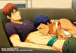 2boys aomine_daiki blue_hair clothed_sex erection gay handjob kagami_taiga kuroko_no_basuke licking licking_abs male_only penis precum red_hair shirt_up underwear_aside yaoi zawar379 rating:Explicit score:31 user:bot