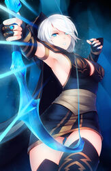 armpits ashe_(league_of_legends) blue_eyes blue_lipstick blue_nails bow_(weapon) breasts cleavage female fingerless_gloves gloves highres hood kerasu large_breasts league_of_legends lips lipstick makeup nail_polish panties ricegnat short_hair sideboob solo thighhighs weapon white_hair zettai_ryouiki rating:Safe score:159 user:Aiyo