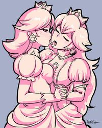 2girls akairiot blush closed_eyes clothed clothing crown dress earrings female female_only french_kiss fully_clothed gloves half-closed_eyes holding_hands interlocked_fingers long_hair mario_(series) multiple_girls nintendo open_mouth princess_daisy princess_peach simple_background standing tongue tongue_out yuri rating:Safe score:130 user:chooped