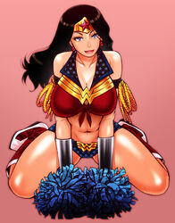 1girls bare_shoulders black_hair blue_eyes boots breasts cheerleader chiba_toshirou cleavage dc dc_comics earrings front-tie_top jewelry large_breasts lips long_hair midriff navel pom_poms smile solo swariza thigh wonder_woman wonder_woman_(series) rating:Safe score:135 user:MIR0