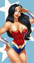 1girls amazon big_breasts black_hair blue_eyes breasts clothes dc dc_comics diana_prince earrings female female_only gunnergurl long_hair red_lips red_lipstick salute smile solo text tiara url watermark wonder_woman wonder_woman_(series) rating:Safe score:74 user:MIR0