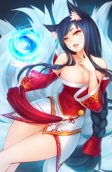 1girls ahri animal_ears asian_clothing bare_shoulders black_hair braid breasts cleavage detached_sleeves facial_mark female female_only fox_ears fox_tail fur furry_tail highres humanoid kerasu korean_clothing large_breasts league_of_legends long_hair looking_at_viewer low_neckline multi_tail multiple_tails open_mouth ricegnat single_braid smile solo tail tongue tongue_out very_long_hair whisker_markings yellow_eyes rating:Explicit score:191 user:BlackRockShooter