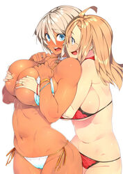 2girls abs bikini blonde_hair blue_eyes blush bracelet breasts choker covering covering_breasts covering_nipples dark-skinned_female dark_skin female grey_hair hand_bra highres large_breasts long_hair muscular_female navel open_mouth original sela_(sela_god) sela_god short_hair side-tie_bikini silver_hair smile standing sweatdrop ursula_(sela_god) wife_and_wife yuri rating:Questionable score:126 user:chooped