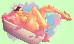 ass barefoot bathing breasts brown_eyes brown_hair bubble_bath bun_cover capcom chun-li double_bun feet female female_only hair_bun human lying nipples nude rubber_duck solo street_fighter supersatanson rating:Explicit score:86 user:chooped