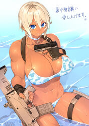 1girls abs assault_rifle bikini blonde_hair blue_eyes breasts choker cleavage dark-skinned_female female gun large_breasts muscular_female navel original partially_submerged sela_(sela_god) sela_god short_hair sitting solo sweat trigger_discipline weapon wedding_ring rating:Questionable score:105 user:chooped