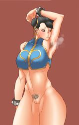 alternate_costume arm_up armpit_hair armpit_sniffing armpits black_hair blush bottomless breasts brown_eyes chun-li covered_nipples cowboy_shot double_bun eyeliner female female_armpit_hair female_only gold_steel hair_ribbon human large_breasts makeup pussy ribbon short_hair simple_background smell solo street_fighter street_fighter_alpha studded_bracelet sweat thick_thighs thighs uncensored rating:Explicit score:32 user:bot