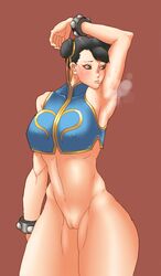 alternate_costume arm_up armpit_sniffing armpits black_hair blush bottomless breasts brown_eyes chun-li covered_nipples cowboy_shot double_bun eyeliner female female_only gold_steel hair_ribbon human large_breasts makeup pussy ribbon short_hair simple_background smell solo street_fighter street_fighter_alpha studded_bracelet sweat thick_thighs thighs uncensored rating:Explicit score:21 user:bot