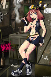 alternate_bandana_color bag bandaid bandana belt bike_shorts bikini biting_lip black_bandana blue_eyes bra brown_hair cigarette comic eyeliner eyeshadow female human human_only may_(pokemon) may_(pokemon_rs) nintendo panties pokemon punk rings shadman skull smoking smoking_fetish tattoo text vest rating:Questionable score:97 user:usernam