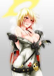 ankh arc_system_works belt blonde_hair blush bodysuit breasts cleavage cross_necklace female full-face_blush gloves guilty_gear guilty_gear_xrd guilty_gear_xrd:_revelator halo jack-o'_valentine large_breasts long_hair multicolored_hair open_mouth red_eyes red_hair shiny shiny_clothes shiny_skin solo steam sweat un undressing very_long_hair rating:Explicit score:151 user:bot