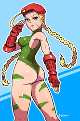 akairiot ass beret blonde_hair blue_eyes cammy_white capcom facial_scar female female_only fully_clothed human leotard scar solo standing street_fighter twin_braids rating:Questionable score:70 user:chooped