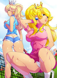 2girls armband ass back_view blonde_hair blue_eyes cameltoe clothed crown earrings female highres human long_hair looking_back mario_(series) mario_tennis multiple_girls nintendo outdoors panties pantyshot pose princess_peach princess_rosalina shiny shiny_skin short_shorts shorts smile squatting standing tennis tennis_racket tennis_uniform upskirt wristband xdtopsu01 rating:Questionable score:316 user:orbitjewel