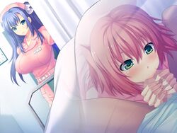 1boy 2girls bed bed_sheet belt blue_eyes blue_hair blush breasts censored fellatio game_cg green_eyes hair large_breasts long_hair m-sei_byoutou multiple_girls nurse oral orange_hair penis short_hair standing stealth_oral stealth_sex under_covers yoshino_keiko rating:Explicit score:106 user:bot