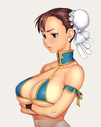 1girls armlet big_breasts bikini_top breasts brown_eyes brown_hair bun_cover capcom chun-li cleavage double_bun earrings female female_only hair_bun human large_breasts misoshiro_(shijimi) solo street_fighter underboob rating:Questionable score:64 user:chooped