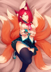 1girls academy_ahri academy_series ahri animal_ears black_legwear breasts crossed_arms fangs female female_only fox_ears fox_tail highres kerasu large_breasts league_of_legends long_hair long_sleeves lying multi_tail multiple_tails open_mouth panties pantyshot pantyshot_(lying) red_hair ricegnat school_uniform skirt smile solo striped striped_panties tail thighhighs underwear yellow_eyes rating:Safe score:309 user:Aiyo