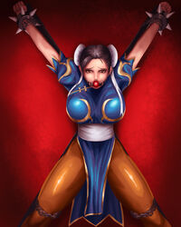 against_wall arms_up ball_gag black_hair bondage bound bound_ankles bound_wrists bracelet breasts brown_eyes brown_hair bun_cover capcom chains chun-li double_bun female female_only fully_clothed gag gagged hair_bun huge_breasts human loincloth looking_at_viewer pantyhose saint_andrew's_cross sash shackles solo spiked_bracelet spread_arms spread_eagle spread_legs standing street_fighter svoidist video_games x_frame rating:Safe score:64 user:orbitjewel