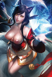 ahri animal_ears black_hair breasts dress facial_marks female fur furry_tail humanoid large_breasts league_of_legends long_hair magic multi_tail multiple_tails nipples sakimichan solo tail yellow_eyes rating:Explicit score:185 user:chooped