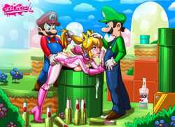 1girls 2boys ass beer bent_over blonde_hair blue_eyes bodysuit boots bottle breast_press breasts clothed clothing cum cum_on_hair cum_on_tongue drunk facial fellatio female from_behind full_body gloves hair_pull high_heels human licking luigi male mario mario_(series) mario_kart mmf_threesome multiple_boys nintendo open_mouth oral outdoors penis ponytail ponytail_hold princess_peach sex sky smaller_male spitroast standing straight tekuho threesome tied_hair tight_clothing tongue tongue_out rating:Explicit score:189 user:chooped