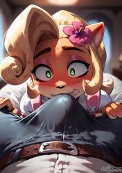  1boy1girl ai_generated ashleybarkz blonde_hair coco_bandicoot crash_(series) crotch_sniffing drool drooling erection furry hi_res painted_nails smell smelling smelling_penis sniffing sniffing_penis under_covers unseen_male_face wide_eyed  rating:explicit score: user:bot