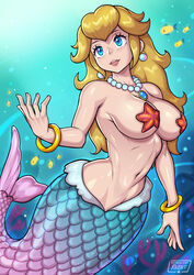 1girls blonde_hair blue_eyes bracelet bracelets breasts earrings female female_only fish fish_tail jewelry long_hair mario_(series) mermaid mermaid_peach midriff monster_girl navel necklace necklace_between_breasts nintendo princess_peach princess_peach:_showtime! redjet revealing_clothes scales solo starfish_pasties underwater rating:Questionable score:105 user:perona_