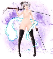 black_legwear breasts cleft_of_venus color dual_wielding female female_only front_view ghost grey_hair hairband hitodama katana kuroino legs myon naked_thighhighs nipples nude pussy short_hair skindentation solo standing sword thighhighs touhou uncensored vulva weapon white_hair youmu_konpaku youmu_konpaku_(ghost) rating:Explicit score:18 user:bot