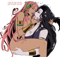 2females 2girls aphrodite aphrodite_(hades) black_hair bracers colored deity earrings european_mythology female female/female female_only girls girls_only goddess greek_mythology hades_(game) hair hair_ornament holding_head large_breasts lesbian lesbian_kiss lifting_person lipstick lipstick_mark long_hair looking_at_partner lots_of_lipstick_marks mythology nude_female nyx_(hades) only_female pale-skinned_female pale_skin passionate pink_eyes pink_hair plain_background public_domain purple_lipstick rings ryuunart sensual tan-skinned_female tan_skin text yellow_eyes yuri rating:Questionable score:196 user:asscandi