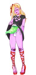  blush bukibun bulge clothed clothing crossdressing femboy humanoid looking_at_viewer male monster panties solo standing underwear  rating:questionable score: user:bot