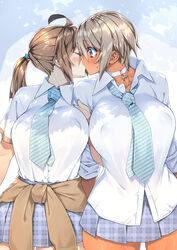 2girls blonde_hair blouse blue_eyes blush breasts brown_hair choker collared_blouse collared_shirt dark-skinned_female dark_skin erect_nipples female female_only kissing large_breasts muscular_female original ponytail school_uniform sela_(sela_god) sela_god shirt short_hair skirt tie tied_hair ursula_(sela_god) yuri rating:Questionable score:147 user:chooped