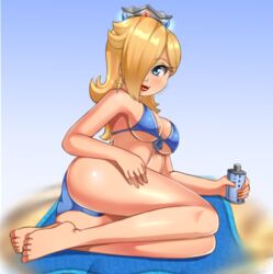 1girls ass barefoot beach bikini blonde_hair blue_eyes breasts crown earrings female female_only hair_over_one_eye human lips lipstick lotion mario_(series) nintendo outdoors princess_rosalina razorkun red_lipstick simple_background sitting solo rating:Questionable score:72 user:tilesqual