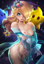 1girls 2others blonde_hair blue_eyes breasts crown dress earrings female hair_over_one_eye human long_hair looking_at_viewer luma mario_(series) medium_breasts navel nintendo nipples nude princess_rosalina pussy sakimichan solo_focus standing super_mario_galaxy rating:Explicit score:317 user:chooped