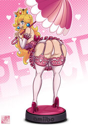 1girls amiibo arched_back ass bare_shoulders bent_over big_ass blonde_hair blue_eyes blush breasts bridal_gauntlets cameltoe character_name clothed crown dress dress_lift earrings female female_only finger_to_mouth from_behind full_body garter_belt gradient_background heart heart-shaped_pupils heart_eyes high_heels highres human kogeikun large_ass large_breasts leaning_forward long_hair looking_at_viewer looking_back mario_(series) nintendo open_mouth panties pantyshot pink_background princess_peach simple_background smile solo standing symbol-shaped_pupils thighhighs thong umbrella white_legwear wink rating:Questionable score:176 user:orbitjewel