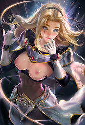 1girls areolae armor blonde blonde_hair blue_eyes blush breastless breasts breasts_out casual clothing covered_navel exposed exposed_breasts female female_only finger_to_mouth freckles gloves hairband high_resolution large_breasts league_of_legends lips long_hair looking_at_viewer luxanna_crownguard narrow_waist navel nipples no_bra nude pink_nipples sakimichan smile solo standing unconvincing_armor rating:Explicit score:371 user:chooped