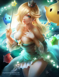 blonde_hair blue_eyes breasts cleavage crown dress female hair_over_one_eye human large_breasts long_hair mario_(series) nintendo princess_rosalina standing super_mario_galaxy vengarlsolarblade wand rating:Safe score:118 user:chooped