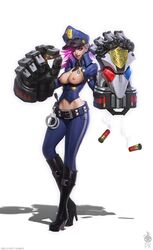 breasts breasts_out female large_breasts league_of_legends long_hair navel nipples peaked_cap pink_hair policewoman solo standing vi zeronis rating:Questionable score:61 user:chooped