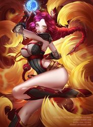 ahri animal_ears boobs_and_butt_pose boots braid citemer cleavage female fox_tail foxfire_ahri infernal_series kemonomimi league_of_legends multi_tail multiple_tails pink_hair tail yellow_eyes rating:Safe score:127 user:chooped