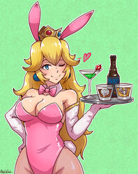 1girls adapted_costume akairiot alternate_breast_size alternate_costume blonde_hair blue_eyes breasts bunny_ears bunny_girl bunny_tail bunnysuit cleavage crown earring elbow_gloves female female_only fishnet gloves green_background human leotard long_hair mario_(series) nintendo one_eye_closed pantyhose princess_peach simple_background smile solo standing waitress wink rating:Safe score:225 user:chooped